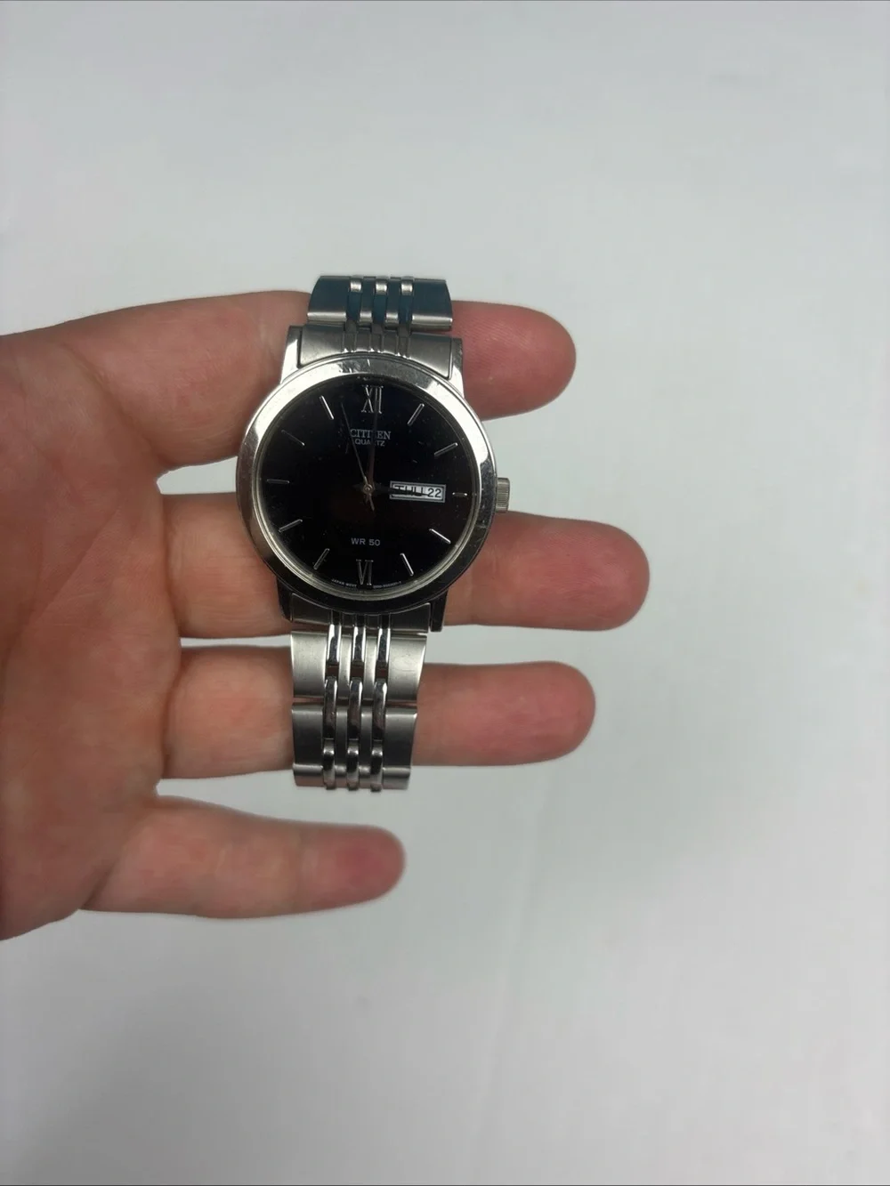 Citizen Quartz Day Date WR 50 Men Watch Stainless Steel Black Dial 2500-S029198